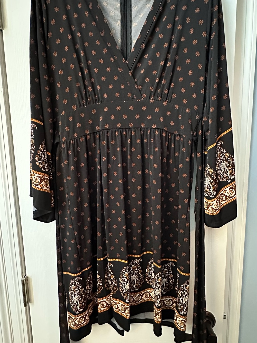 Michael Kors Black Floral Border Wrap-Style Long Sleeve Dress
